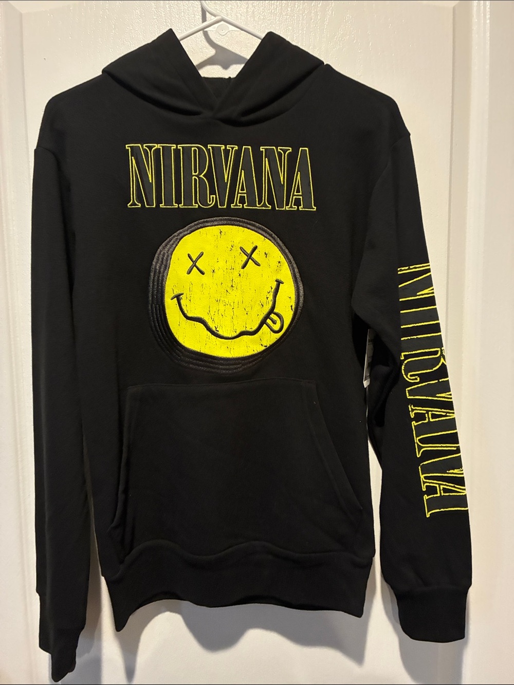 NIRVANA Black Hoodie with Yellow Smiley Chest and Sleeve Logo XS